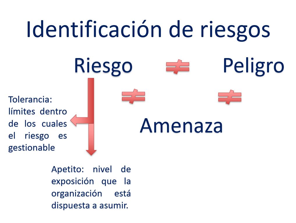 Diagrama conceptual que explica las diferencias entre riesgo, peligro y amenaza, destacando los conceptos de tolerancia y apetito de riesgo en la gestión organizacional.